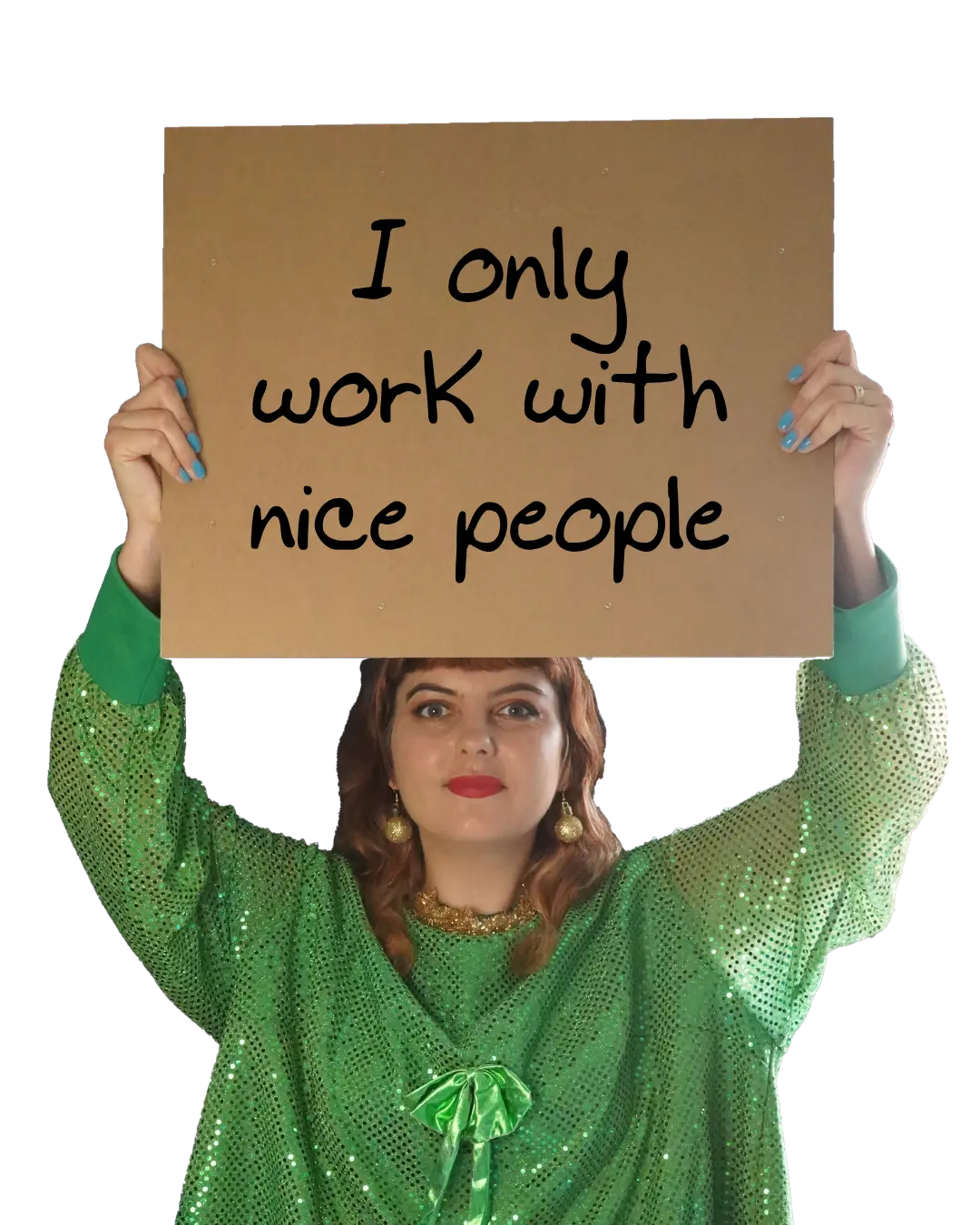 Emily dressed as an elf holding a sign that says "I only work with nice people"